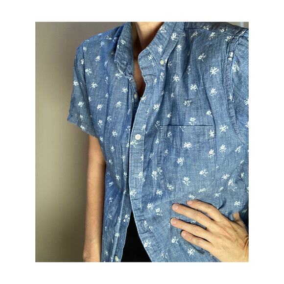 Bonobos Short Sleeve Button Down Shirt Floral Print Chambray ~ Sz L Slim Fit - Picture 4 of 8